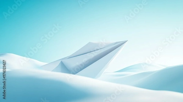 Obraz 20.A 3D-rendered, white paper airplane isolated against a vivid blue sky, its sharp folds and edges realistically shaded to give a lifelike, clean appearance.