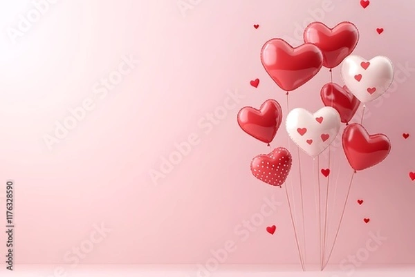 Fototapeta Heart Balloons with Love Patterns on Pink Background – Romantic Valentine’s Day or Wedding Concept for Greeting Cards, Invitations, Banners, Product Mockups, and Social Media Designs"	