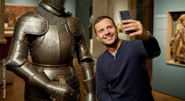 Fototapeta Man taking selfie with knight in armor museum