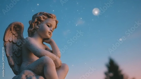 Fototapeta Miniature angel statue with feather wings sitting on a cloud with a night sky in the background, Generative AI 