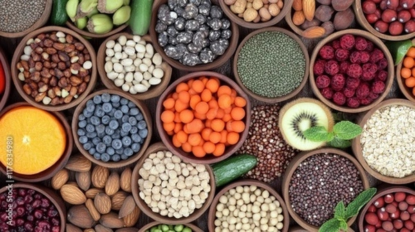 Fototapeta Healthy fitness food concept featuring a variety of nutrient-rich ingredients including fresh fruits, vegetables, pulses, herbs, spices, nuts, and grains, packed with antioxidants, omega-3 fatty acids