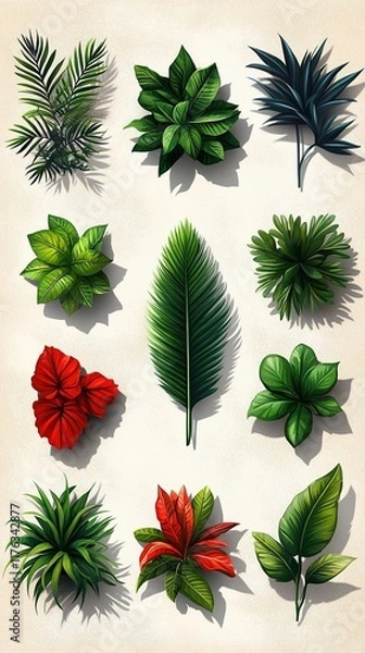 Fototapeta A collection of various green plants and leaves arranged artistically on a light background.