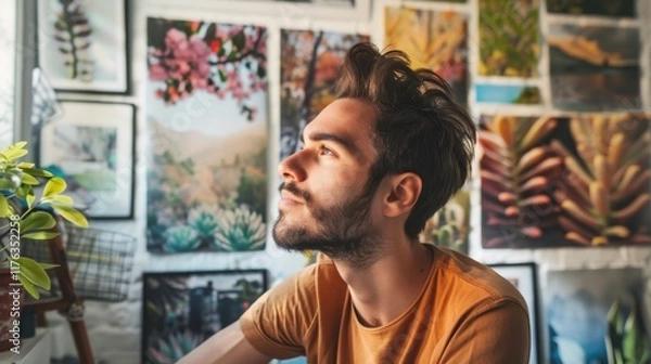 Fototapeta Reflective Young Man Gazing Outward, Surrounded by Artistic Nature Imagery in a Cozy Room Filled with Plants and Colorful Wall Art