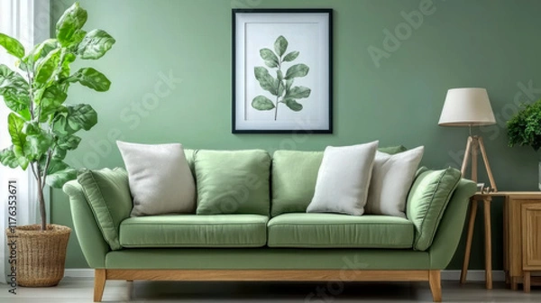 Fototapeta Green mint sofa against green wall with poster frame Boho style interior design of modern living room
