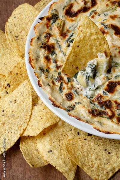 Obraz Classic Spinach Artichoke Dip with Tortilla Chips