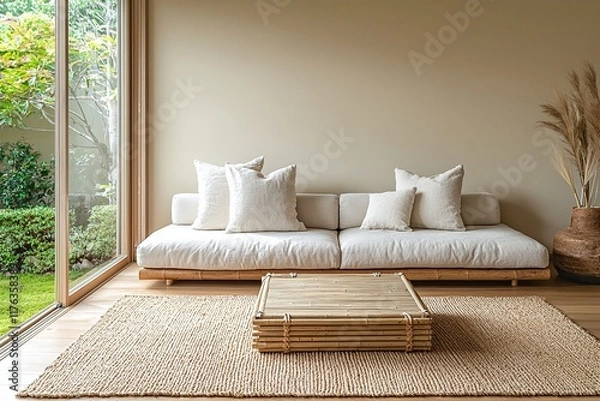 Fototapeta Minimalist, modern japandi interior design of a residential living room with beige-lined walls and a sofa and table. Generative AI
