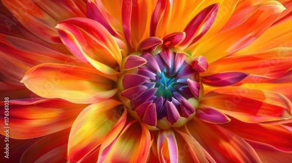 Fototapeta Vibrant Close-Up of a Colorful Flower Petals in Shades of Red, Orange, Purple, and Blue Capturing Nature's Beauty and Intricate Patterns in Full Bloom