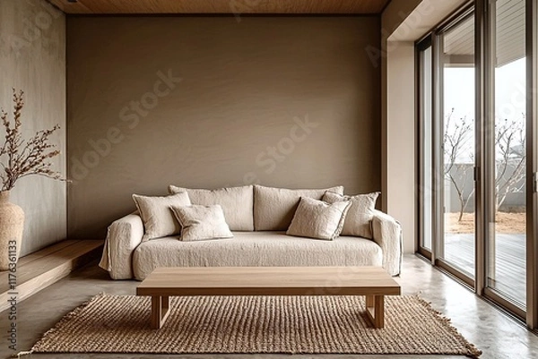 Fototapeta Minimalist, beige finished interior. Modern Scandinavian interior design in the living room with sofa and wood table. Generative AI
