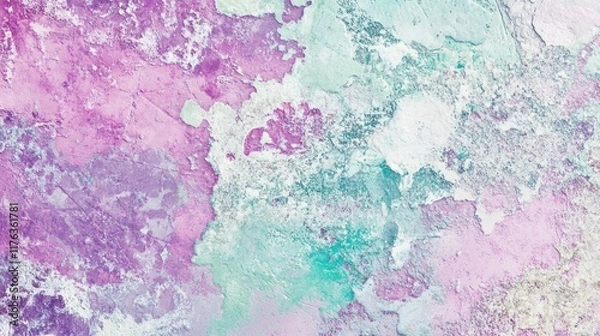 Fototapeta Abstract holographic texture featuring pastel shades of violet, pink, and mint, enhanced by subtle scratches and irregularities for a trendy background