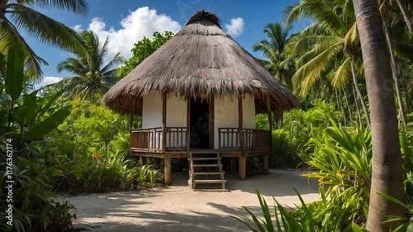 Fototapeta Cultural Serenity: Coconut Palm and Traditional Hut in a Tropical Setting