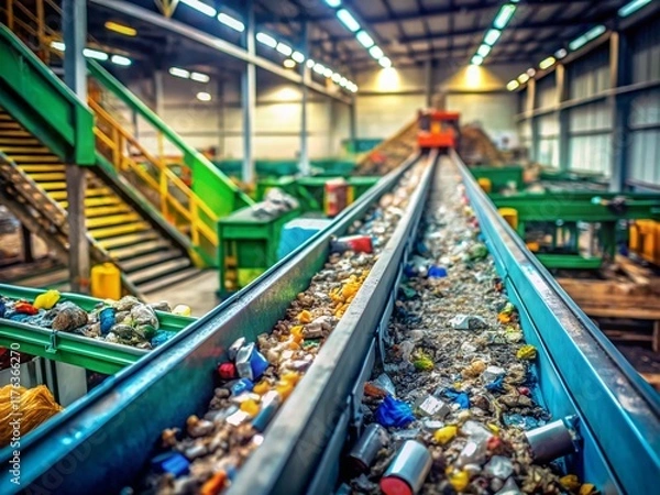 Obraz Tilt-Shift Photography: Recycling Plant Conveyor Belt with Waste Materials