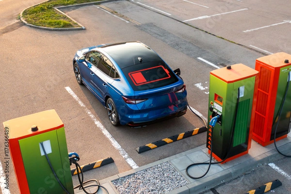 Obraz Blue electric car with flashing power indicator on roof plugged into public charging station. Vehicle receives electricity for proper work of engine