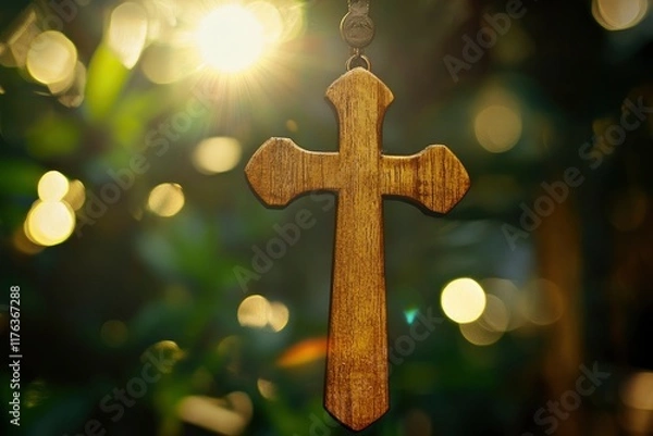 Fototapeta Palm Sunday Wooden Cross with Sunlit Bokeh Background