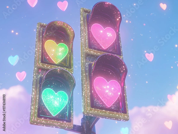 Fototapeta A traffic light with heart-shaped lights, in a cartoon style, featuring the highest light is red, the middle light is yellow and the lowest light is green colors, with sparkles, hearts, and a dreamy
