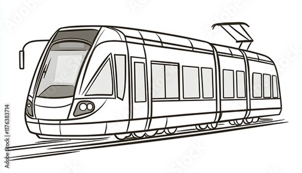 Fototapeta A stylized line art drawing of a modern tram or light rail vehicle. Suitable for transportation-related designs, coloring books, or educational materials.