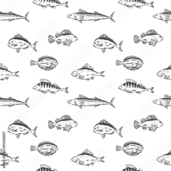 Fototapeta fishes vector seamless pattern. Pike perch, ruff fish, mackerel, pagers major, roach, crucian carp fish. Multicolored clipart sea food fishing, healthy meal, kids animals illustration for boys
