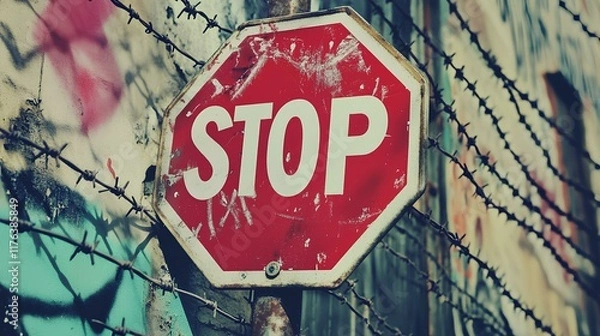 Obraz Law restriction signage stop symbol urban area road safety graffiti environment close-up view awareness concept