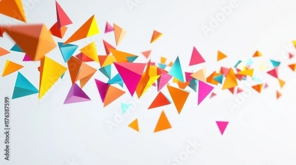 Obraz A vibrant string of multicolor triangular bunting, floating against a clean white background, ideal for party flyers and celebration designs