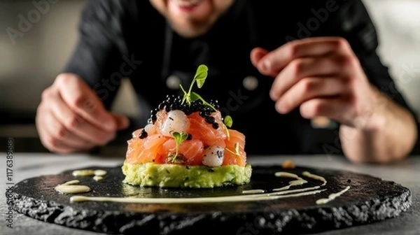 Fototapeta Salmon and shrimps tartare served with avocado, caviar and micro greens, on a ceramic plate, Seafood appetizer photo for premium restaurant menu, commercial banner with copy space, AI generated image