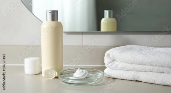 Obraz Skincare product bottles and cream on bathroom counter with towels