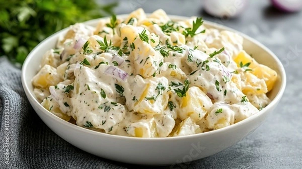 Fototapeta Creamy potato salad in a white bowl, garnished with parsley and red onion.