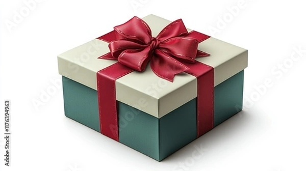 Fototapeta A beautifully wrapped gift box with a red ribbon and bow, symbolizing celebration and surprise.