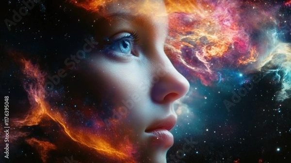 Fototapeta Cosmic portrait of a girl outer space digital art nebula environment close-up view imagination unleashed