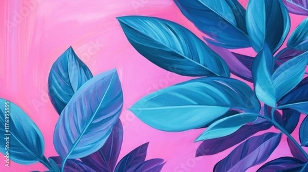 Fototapeta Close-up of trendy turquoise tropical leaves set against a vibrant pink and violet background, creating a bold and modern design aesthetic
