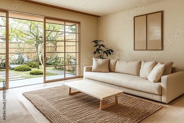 Fototapeta Minimalist, modern japandi interior design of a living room with garden-view windows and a sofa and table. Generative AI
