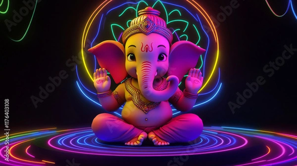 Fototapeta A 3D rendering of a colorful, cartoon-style, cute baby Ganesha god on a black background.


