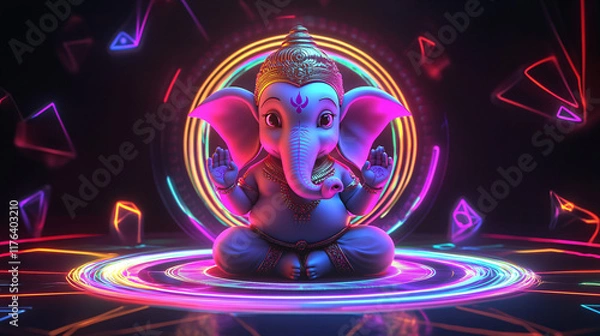 Fototapeta A 3D rendering of a colorful, cartoon-style, cute baby Ganesha god on a black background.

