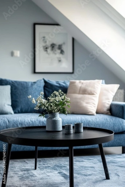 Fototapeta Scandinavian interior design of modern living room. Modern blue sofa with cushions and contemporary black round coffee table in a well-lit stylish living room.