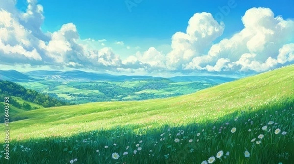 Fototapeta Expansive green meadows stretching over gentle hills, set against a bright blue sky with fluffy white clouds, forming a scenic panoramic view