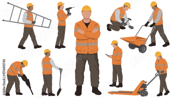 Fototapeta Construction Workers Vector Flat Illustration Set Isolated On A White Background.