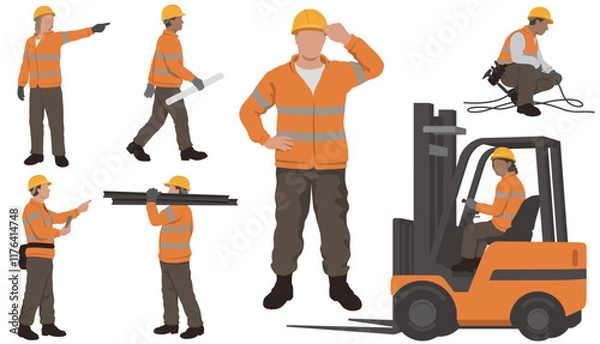 Fototapeta Construction Workers Vector Flat Illustration Set Isolated On A White Background.