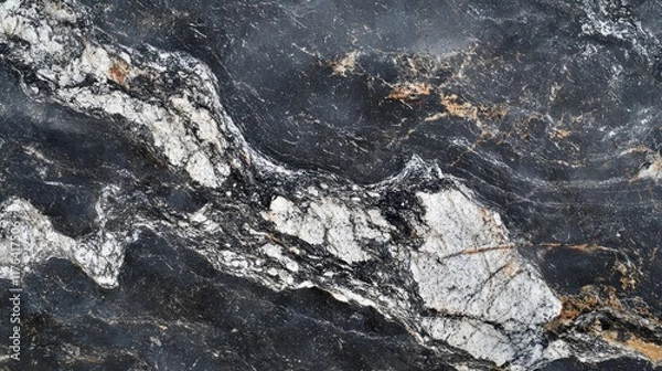 Fototapeta Panoramic close-up of a black and white stone surface with dark gray grunge textures and mountain-like details, offering design space