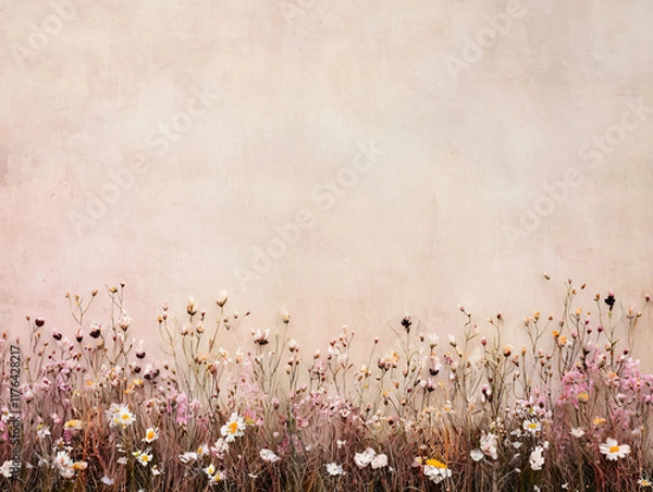 Fototapeta beautiful flower field with seasonal changes showcasing autumn colors, featuring delicate blooms against soft, neutral background. scene evokes sense of tranquility and nature beauty
