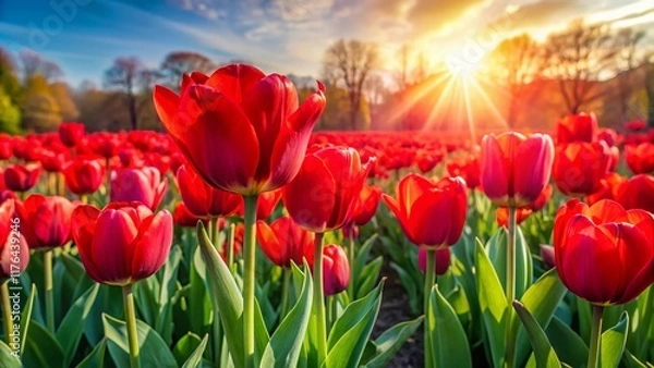 Fototapeta Vibrant Red Tulips in Spring Bloom, Holland, Michigan Tulip Time Festival