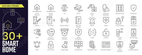 Obraz Smart Home Stroke icon collections. Containing alarm, surveillance, lock, CCTV, thief, key, intrusion detection, guard dog and more icons. Editable Stroke icon collection Outline icon