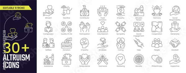 Obraz Altruism Stroke icon collections. Containing charity, help, selfless, goodwill, caring, generosity, kindness, empathy, benevolence and more icons. Editable Stroke icon collection Outline icon