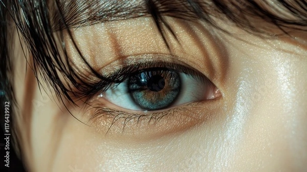 Obraz A close-up of a woman's eye with long eyelashes and dark eyeshadow.