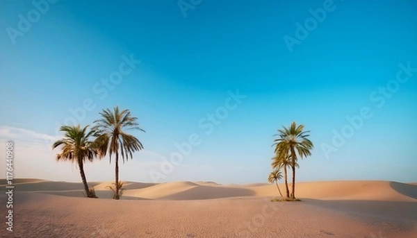 Fototapeta Goal of life, growth and motivation: Desert oasis with growing palm trees, survival and motivation.