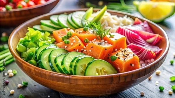 Fototapeta Healthy salmon poke bowls featuring a refreshing avocado cucumber salad.  Enjoy!