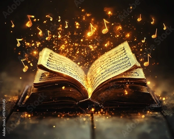 Fototapeta A beautiful scene of an open ancient music book, with golden musical notes radiating from its pages, evoking the grandeur of a classical symphony