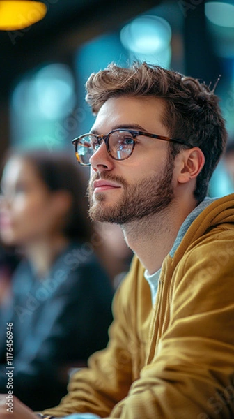 Fototapeta Young Man in Glasses at Lecture  Thoughtful Expression
