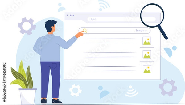 Obraz A modern search engine concept illustration for web and UI design, showcasing a sleek search bar with advanced filtering options, relevant search results, and icons representing different types of con