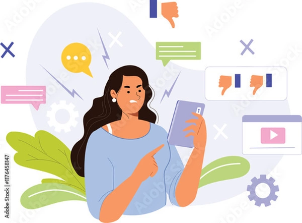 Obraz A negative effects of social media illustration, highlighting angry reactions, showing a user overwhelmed by hostile comments, notifications, and angry emojis