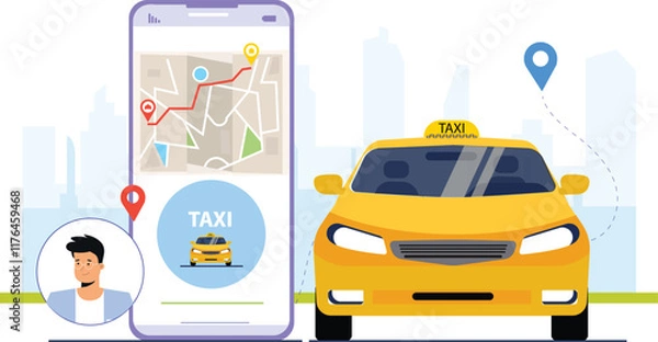 Obraz A cab service mobile app illustration, showing a user interacting with an app interface that displays a map, navigation routes, and car options, highlighting key features like real-time tracking, book
