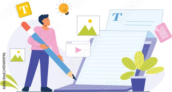 Obraz A content writing concept illustration for online articles, showing a writer at a computer, surrounded by elements like a digital pen, research materials