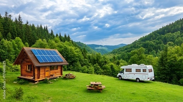 Fototapeta Eco-Friendly Camper Van, Renewable Energy Mobile Home, Solar Powered Camper car Solar Powered Camper Beside Wooden Cabin in Nature